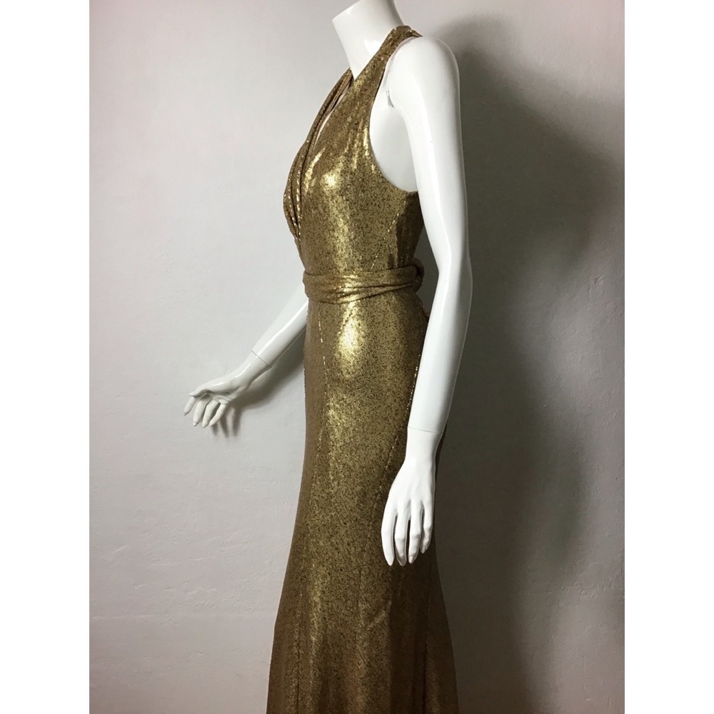 New without tags Donna Karan gold sequin deep v neck Belted Sequined Dress gown - Picture 6 of 14